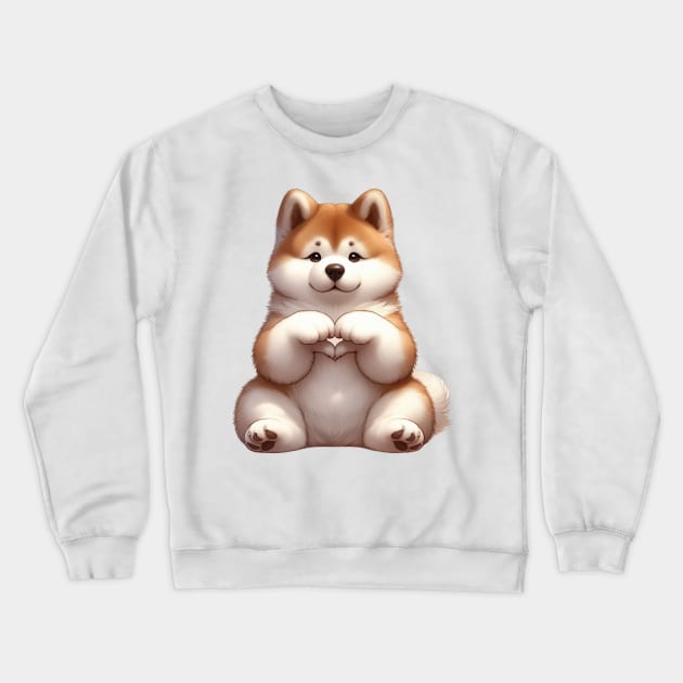 Valentine Akita Dog Giving Heart Hand Sign Crewneck Sweatshirt by Chromatic Fusion Studio